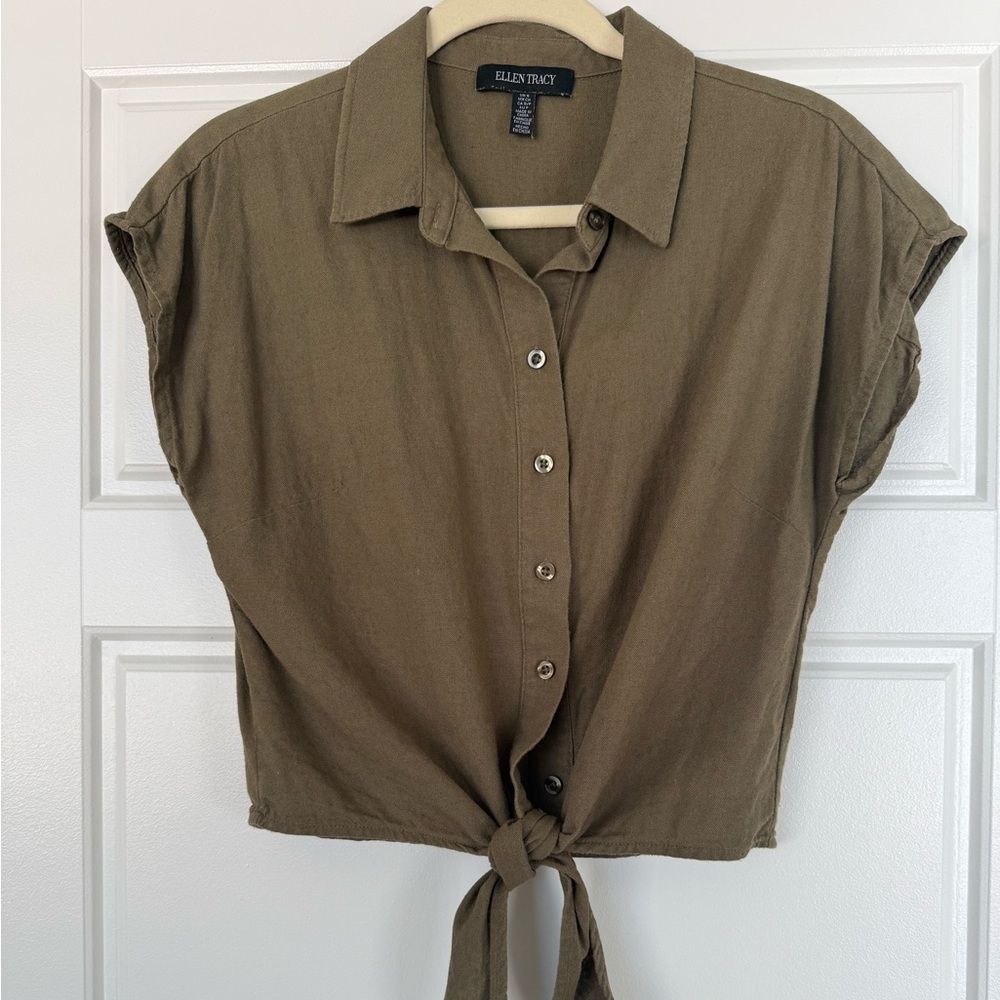 Ellen Tracy Olive Green Cap Sleeve Tie-Front Shirt